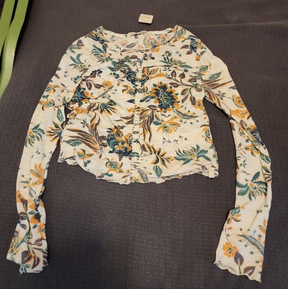 Free People Floral Long Sleeve Top - Cream and Yellow